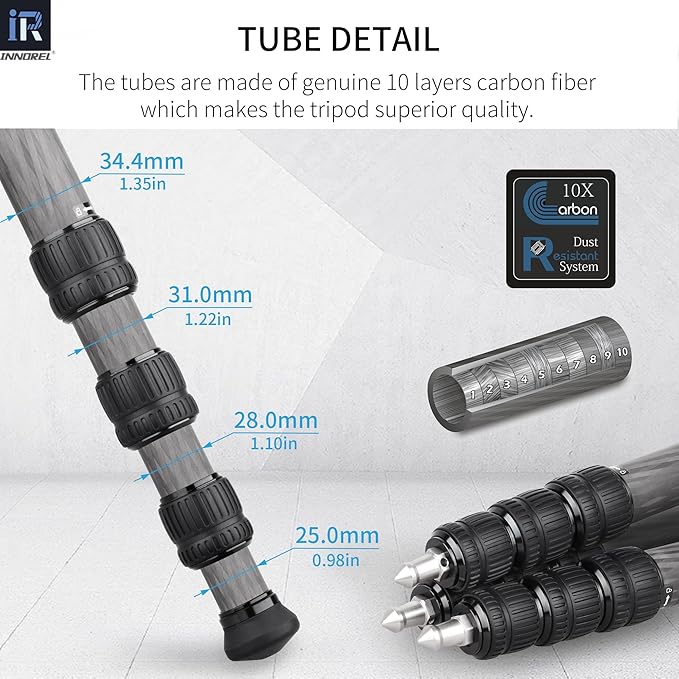 Carbon Fiber Tripod-INNOREL ST344C Professional Heavy Duty Camera Stand Monopod with 75mm Bowl Adapter Tube Leg 34.4mm,Max Load 30kg for DSLR Travel Shooting with ER31C Center Column add Camera Strap