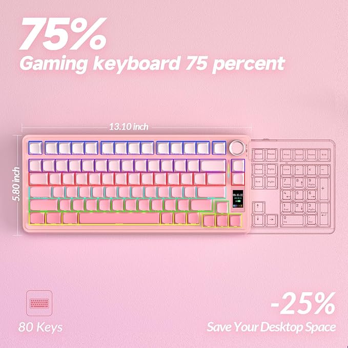AULA S75 PRO Wireless Mechanical Keyboard with Screen&Knob, Tri-Mode Hot Swappable Gaming Keyboard 75%, Pre-lubed Switches, RGB Backlit, Side Printed PBT Keycaps, Creamy Sounding Pink Keyboards