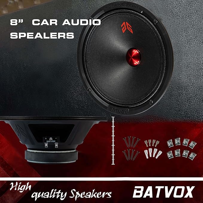 MX80P1 Midrange Loudspeaker 8" Red Dust Cap, 480W Max, 4 Ohms, Premium Quality Audio Door Speakers for Car or Truck Stereo Sound System, Black (2 Speaker)