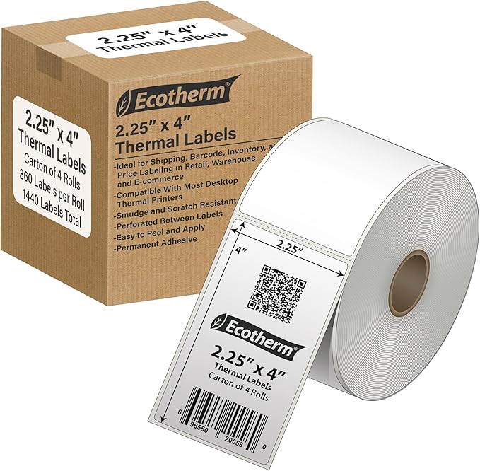 2.25" x 4" Thermal Labels | 4 Rolls | 1440 Labels | fits Zebra, Munbyn, Rollo, Godex, Arkscan, iDPRT, Offnova Thermal Label Printers and More | Blank White Adhesive Stickers by Ecotherm