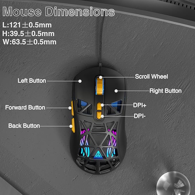 SM901 Gaming Mouse,13800DPI RGB Mouse with Programmable Buttons,53g Lightweight Wired Mouses for Gamer,Black