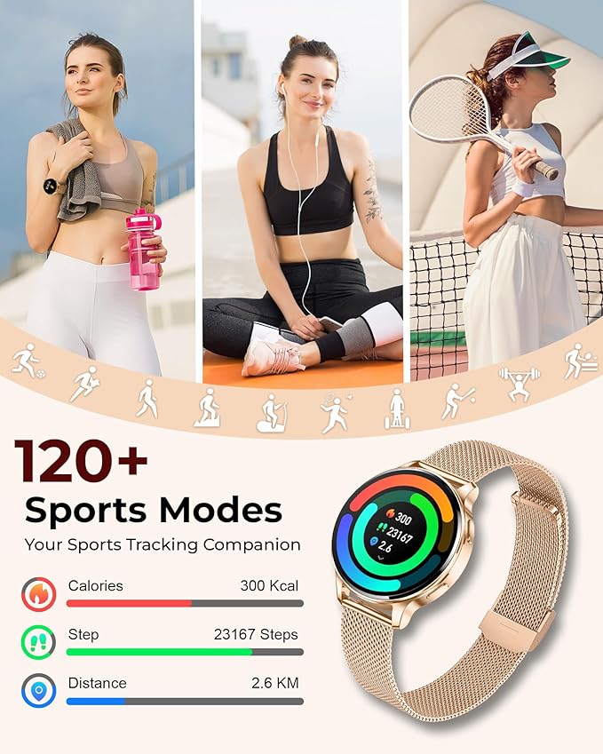 Smart Watches for Women, 1.27″ AMOLED Fitness Tracker with Heart Rate SpO2 Sleep Monitor, 3 Bands, 120+ Sport Modes, Call & Notifications, Smartwatch for Android & iPhone Compatible, 40 mm Rose Gold