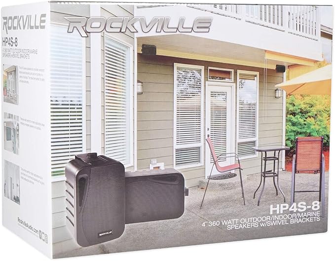Rockville Pair HP4S-8 BK 4" Outdoor/Indoor 8-Ohm Wall Mount Speakers, 360W Peak, IPX44 Weather-Resistant, Swivel Brackets, Stainless Steel Grilles, for Home, Patio, and Commercial Use