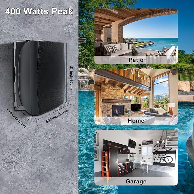 Herdio 6.5 Inches Indoor Outdoor Bluetooth Speakers Waterproof Wired 400 Watts with Powerful Bass,2 Way Wall Mount Speakers All-Weather Durability for Patio Home Deck Porch Backyard(Pair,Black)