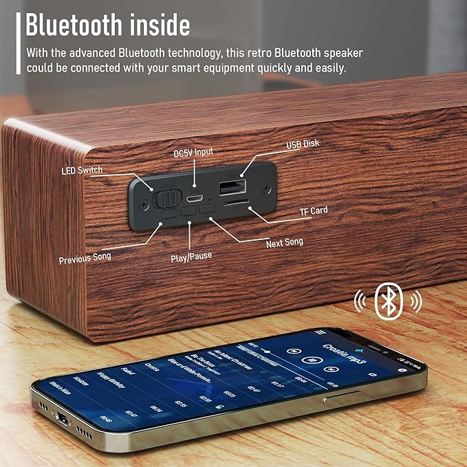Smalody Wood Retro Bluetooth Speaker, Portable Mini Wireless Bluetooth Speakers, Vintage Wooden Speaker for Room Decoration, Perfect for Cafes, Restaurants, Vintage Coth Stores, Bedroom etc