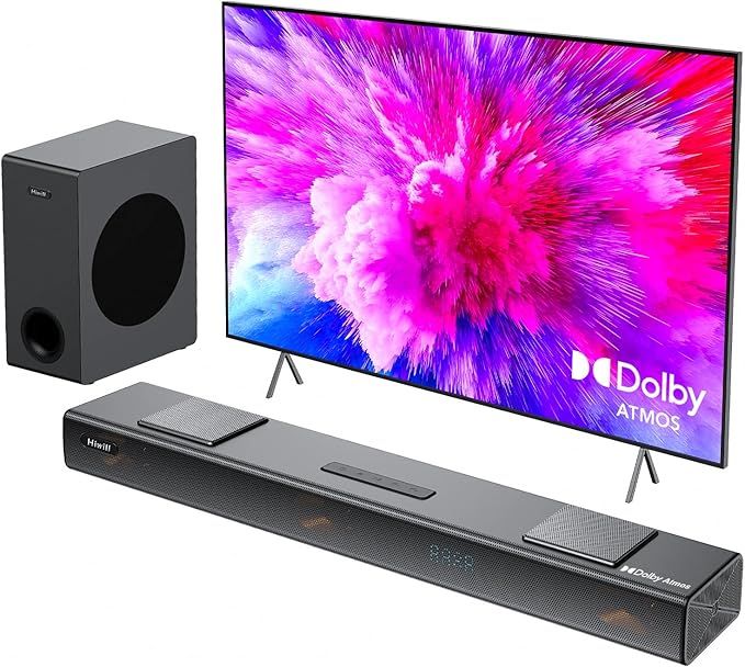 Hiwill 3.1.2CH Dolby Atmos Soundbar for TV Surround Sound, 5.25'' Subwoofer, 2 Up-Firing, 2 Side-Firing, 400W Peak Power Home Theater Speakers, 3D Sound Bar Bluetooth, eARC/ARC/Opt, Nimbus A312