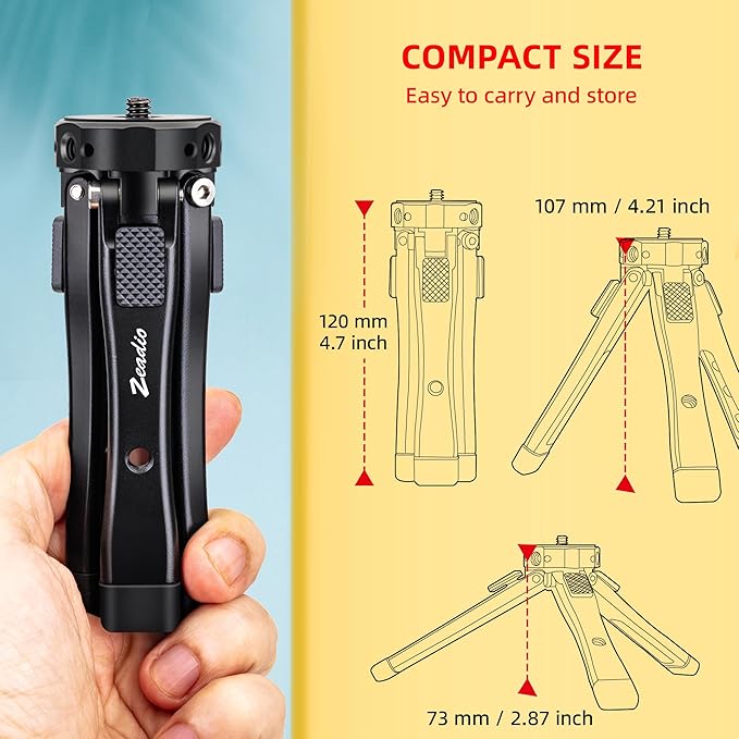 Zeadio Heavy Duty Mini Metal Tripod Stand - Universal Small Table Tripod for Camera, Gimbal, Action Cam, Camcorder, Microphone, LED Light, etc(40kg/88lb Load)