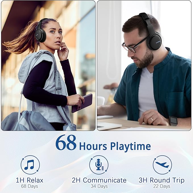 AMORNO Bluetooth Headphones Over Ear, 68 Hours Playtime Wireless Headphones with Mic, Foldable Adjustable Lightweight HiFi Stereo Headset for Cellphone/PC/Work/Travel/Home/Office (Black)