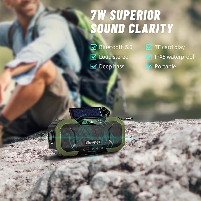 Emergency Radio Waterproof Bluetooth Speaker,Portable Digital AM FM Radio with Flashlight,Reading Lamp,Hand Crank NOAA Weather Radio with Solar Panel,5000mAH Cell Phone Charger,Emergency Survival Kit
