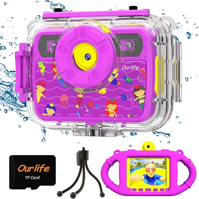 Ourlife Kids Waterproof Camera Gifts for Toddler, 1080P HD Digital Video Camera with 2.4'' IPS Screen, Fill Lights, Children Selfie Underwater Camera Toy for Little Girls with TF Card, Silicone Handle