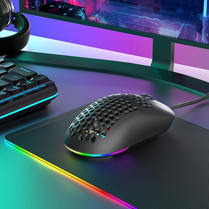 DIERYA M1SE Wired Gaming Mouse with Honeycomb Shell, 12800DPI Optical Sensor, 6 Programmable Macros, Software Support for Custom Key Config, and RGB Settings for Windows 7/8/10/XP, Vista, Linux-Black