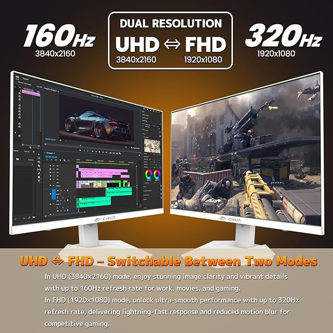 CRUA 27” Gaming Monitor, IPS UHD 3840x2160 4K 160Hz / FHD 320Hz Dual Mode White Computer Monitor, Rotating/Pivot & Height-Adjustable, AMD FreeSync, Built-in Speakers, PIP/PBP, HDMI 2.1 & DP 1.4