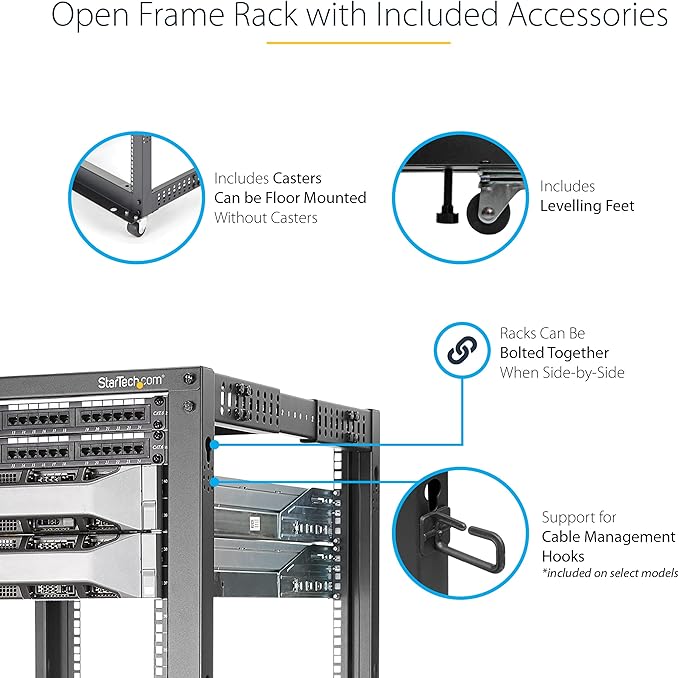 StarTech.com 4-Post 15U Mobile Open Frame Server Rack, 19in Network Rack with Wheels, Rolling Rack for Computer/AV/Data/IT Equipment - Casters, Leveling Feet or Floor Mounting (4POSTRACK15U)