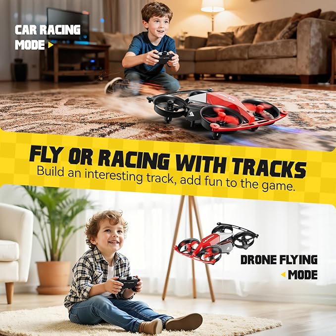 Drones for Kids 8-12, Mini Indoor Drone with 24 Piece Track Set, 2 in 1 RC Quadcopter & Flying Car Toys for Age 10-14 Boys with Jump Fly, Land Mode, Railcar Race,360 Flips,2 Batteries,Altitude Hold