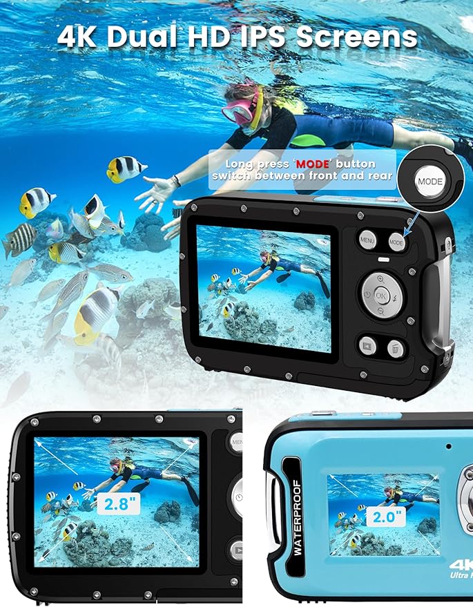 Underwater Camera 4K 48MP Autofocus Selfie Dual Screen Waterproof Camera with Floating Strap and 32GB Card, 17FT Compact Waterproof Digital Camera, Fill Light Underwater Camera for Snorkeling
