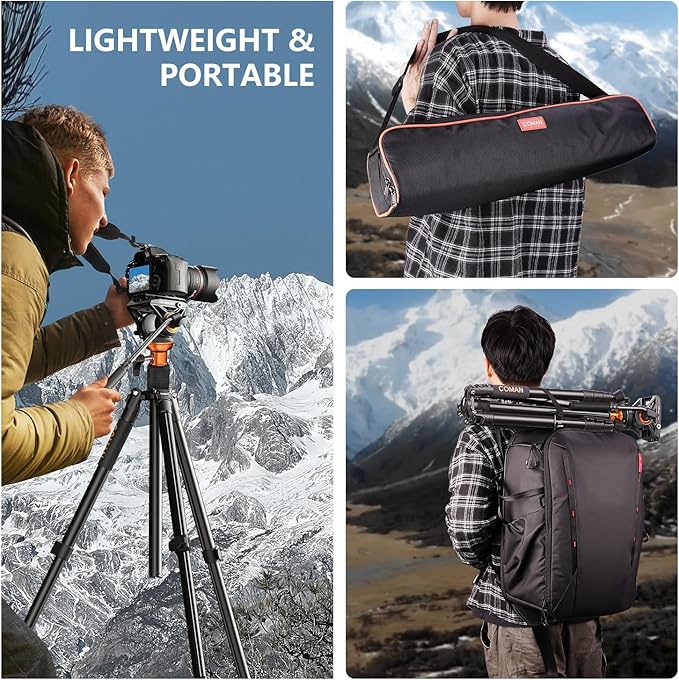 COMAN Camera Tripod with Fluid Head, 70.8" Detachable Compact Tripod with Monopod Aluminium Alloy and Quick Release Plate for DJI Canon Nikon Sony DSLR Camera Black Max Load 17.6lb