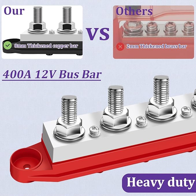400A 12V Bus Bar Marine Power Distribution Block with Cover with 4 x 3/8”Post 3 x #8 Screws Terminals,Battery Bus Bar (Pair, Red & Black),Automotive Busbars 12 Volt for Car Boat Solar Wiring