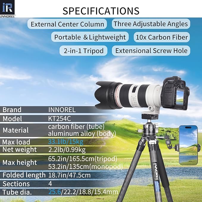 Carbon Fiber Tripod Monopod INNOREL KT254C Professional Portable Compact Travel Tripod for DSLR Camera Stand Support 1.01in/25.6mm Tube Load 33lb/15kg with Adjustable Extension Pole(Only Tripod)