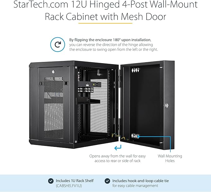 StarTech.com 4-Post 12U Wall Mount Network Cabinet with 1U Shelf, 19in Wall-Mounted Server Rack Kit, Up to 16in Mounting Depth, Ships Fully Assembled