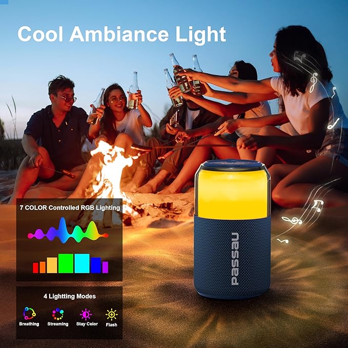 Passau Portable Bluetooth Speaker Wireless with Lights, 15W Loud Stereo Clear Sound, All Day Playtime, BT 5.4, TWS Paring, for Home Outdoor Party Beach (Blue)