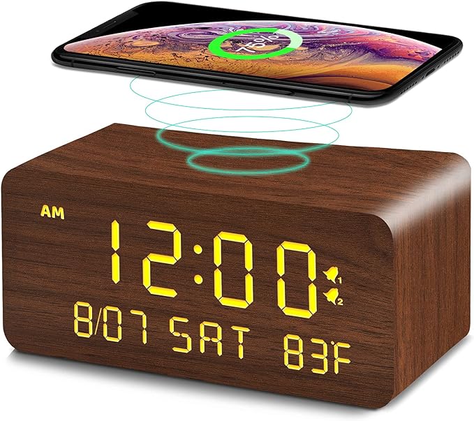 Andoolex Wooden Digital Alarm Clock with Wireless Charging, 0-100% Adjustable Brightness Dimmer and Alarm Volume, Weekday/Weekend Mode, Dual Alarm, Snooze, 12/24H, Wood LED Clock for Bedroom (Brown)