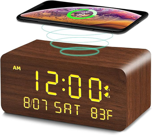 Andoolex Wooden Digital Alarm Clock with Wireless Charging, 0-100% Adjustable Brightness Dimmer and Alarm Volume, Weekday/Weekend Mode, Dual Alarm, Snooze, 12/24H, Wood LED Clock for Bedroom (Brown)