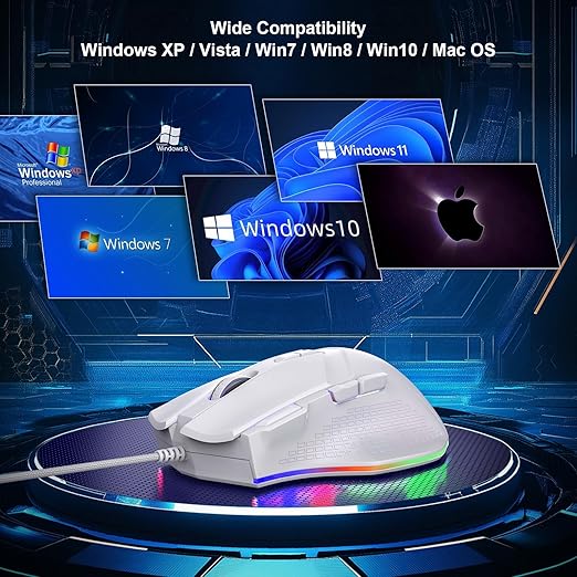 LEWENTECH Gaming Mouse 6 Adjustable DPI Up to 7200 Wired PC Gaming Mouse 8 Programmable Buttons 13 Adjustable RGB LED Modes 1.5 M Drag-Free Paracord Ergonomic Mouse Windows/PC/Mac/Laptop (White)
