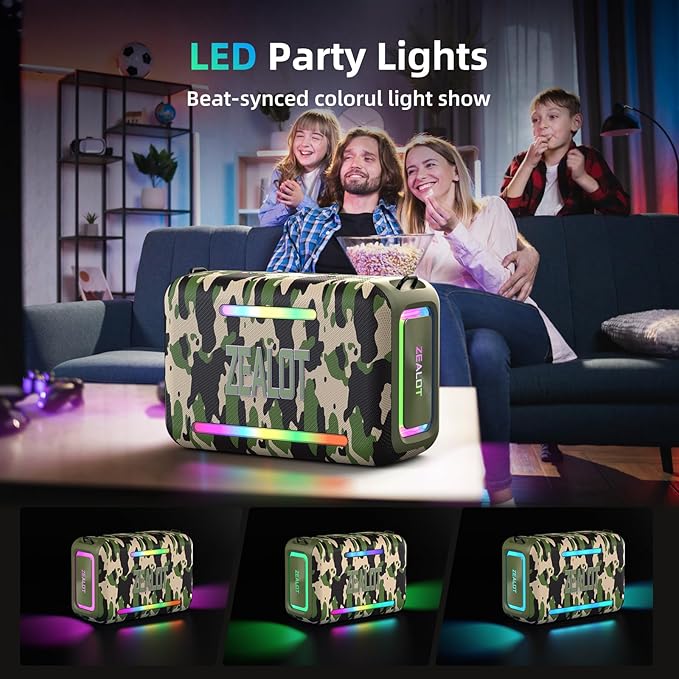 ZEALOT 120W Bluetooth Speaker, Loud Wireless Speakers IPX6 Waterproof Subwoofer Speaker with LED Light, 40H Playtime, Custom EQ, Portable Wireless Stereo Paired Speakers for Outdoor, Party-Camo