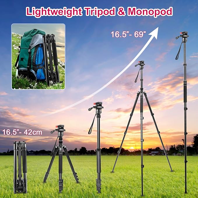 Professional Video Tripod, 68" Camera Tripod Monopod with Fluid Head, Aluminum Heavy Duty Tripod with Carry Bag, Compatible with Canon Nikon Sony and Camcorder, Extra QR Plate and Cellphone Holder