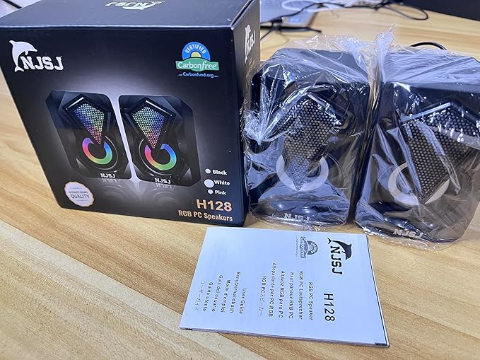 NJSJ Computer Speakers with Colorful RGB Lights, USB Powered 3.5mm Aux- in Mini PC Speakers, Crystal Sound Portable Speaker for Desktop Laptop Monitor Black