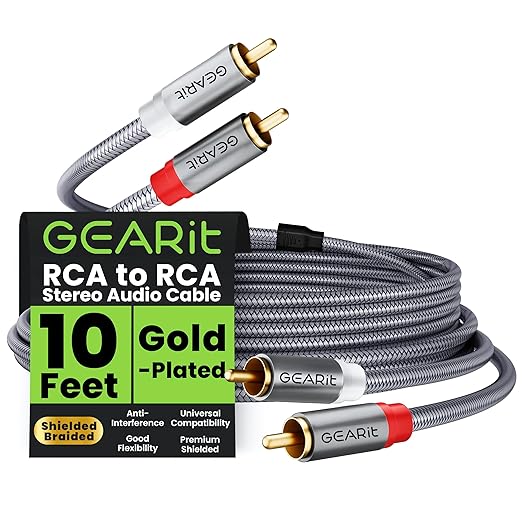 GEARit RCA Cable (10FT) 2RCA Male to 2RCA Male Stereo Audio Cables Shielded Braided RCA Stereo Cable for Home Theater, HDTV, Amplifiers, Hi-Fi Systems, Car Audio, Speakers, 10 Feet