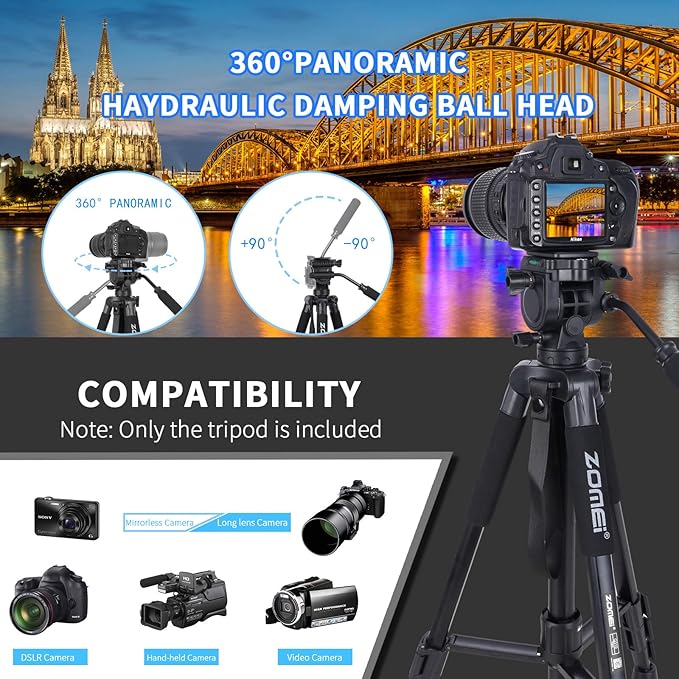 Fluid Head Video Tripod, Stable Tripod with 2-in-1 Monopod,1/4 inch Screws Fluid Drag Pan Head and Carry Bag for Nikon Canon Sony DSLR Cameras Video Camcorders