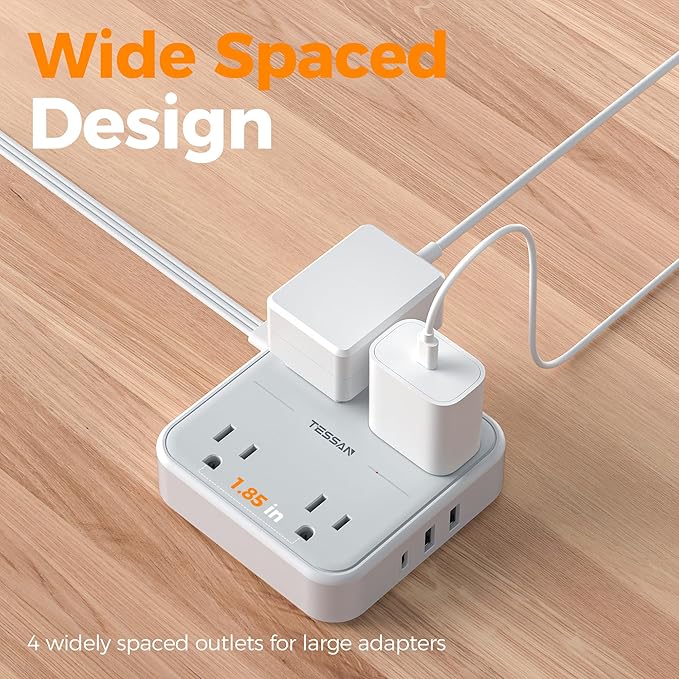 TESSAN Flat Plug Extension Cord 5 Ft, TESSAN Surge Protector Power Strip Ring Pull with 3 USB (1 USB C) 4 Outlets, 900 Joules Protection, Desktop Charging Station for Home, Office, College, Dorm Room,