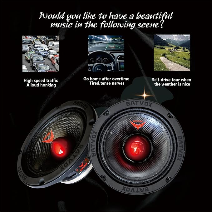 MX65S1 Midrange Loudspeaker 6.5" Red Bullet, 600W Max, 4 Ohms, Premium Quality Audio Door Speakers for Car or Truck Stereo Sound System, Black (1 Speaker)