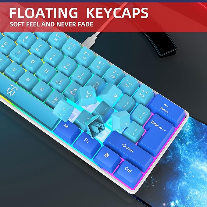 Snpurdiri 60% Wired Gaming Keyboard, RGB Ultra-Compact Mini Keyboard, Waterproof Mechanical Feeling Small Keyboard for PC/Mac Gamer, Typist, Travel, Easy to Carry on Business Trip (Blue-Wathet)