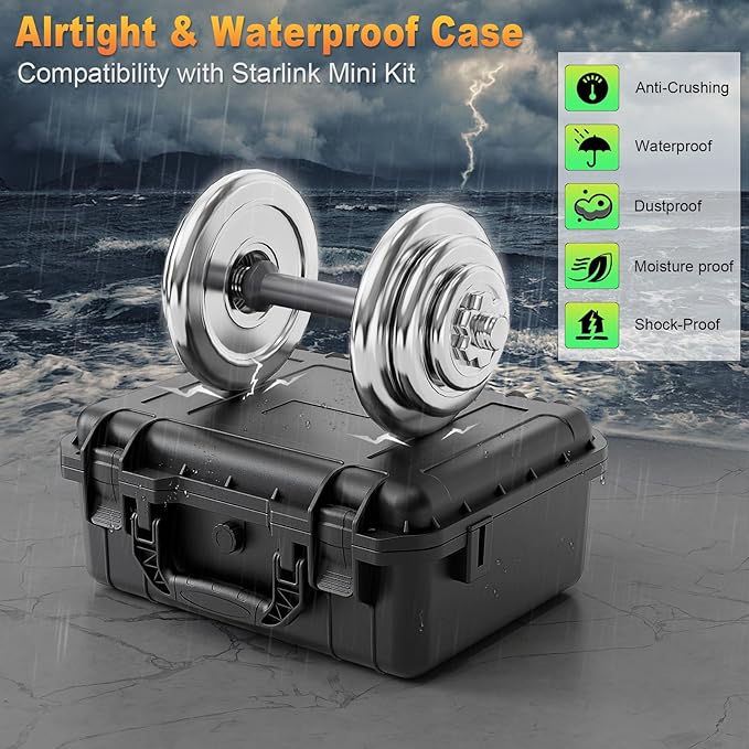 Starlink Mini Case, IP67 Waterproof Hard Case Precision Cut Foam For Starlink Mini, Kickstand, Pipe Adapter, Power Supply, Cables, Outdoor, Travel, Camping