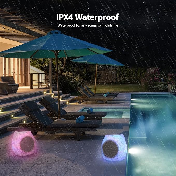 Outdoor Solar Rock Bluetooth Speakers with Colorful Lights, Deep Bass IPX4 Waterproof Speaker, Solar-Powered, TWS Paring, Perfect for Pool Garden and Outdoor Activities - Marble 2 Pack