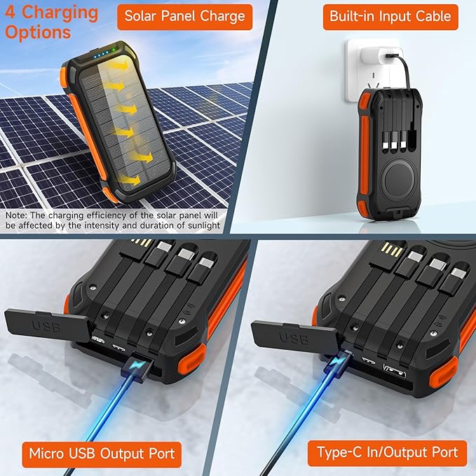 Power Bank 49800mAh Solar Charger 15W Wireless Charging USB-C 22.5W Fast Charging with 4 Built-in Cables LED Flashlight Battery Pack Compatible with iPhone, iPad, Galaxy, Perfect for Camping, Hiking