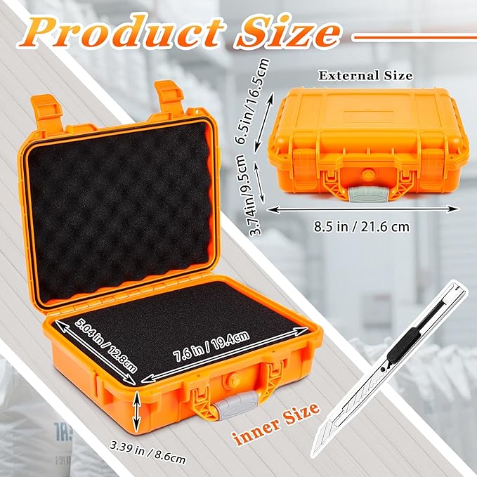 8.5 x 6.5 x 3.7 Inch Waterproof Hard Case with DIY Customizable Foam Insert Portable Protective Case with Knife for Camera Drones Equipments Tools Test Instruments (Orange)