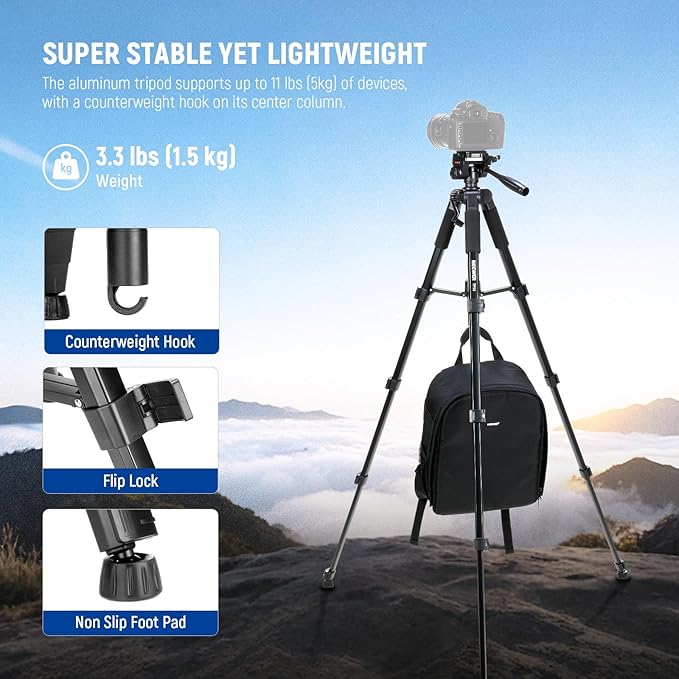 NEEWER BASICS Camera Tripod, 71'' Tripod with Cell Phone Holder Mount Compatible with iPhone for Video Recording, Professional Aluminum Lightweight Portable Travel Stand with 3 Way Pan Tilt Head, TP55