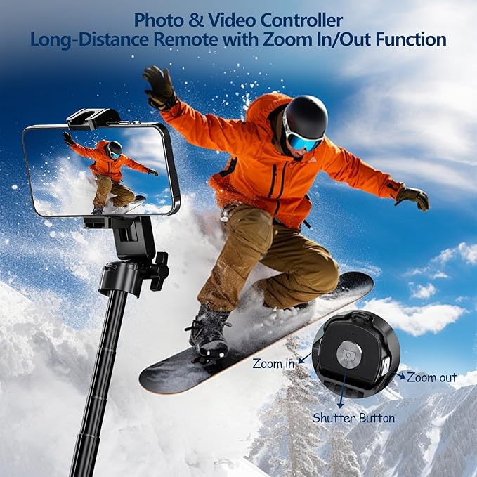 Phone Tripod Stand with Zoom, Portable Selfie Stick with Detachable Remote and 360° Rotatable Holder, Expandable Pocket-Size Cell Phone Tripod Compatible with iPhone/Android for Photo/Video Recording