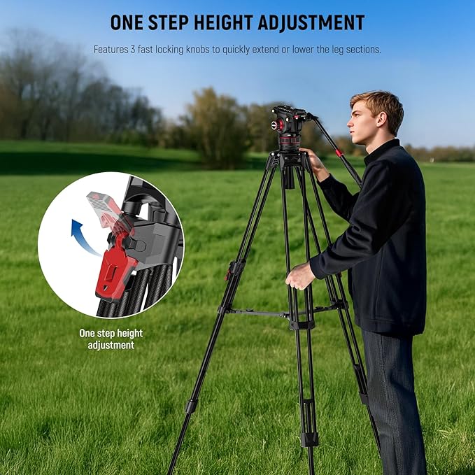 NEEWER 78" Video Camera Tripod Carbon Fiber with Damping Adjustable Fluid Head, One Step Quick Release, QR Plate/Handle/Cleaning Cloth, Heavy Duty Tripod Stand for DSLR Camcorders, Max Load 22lb, LL37