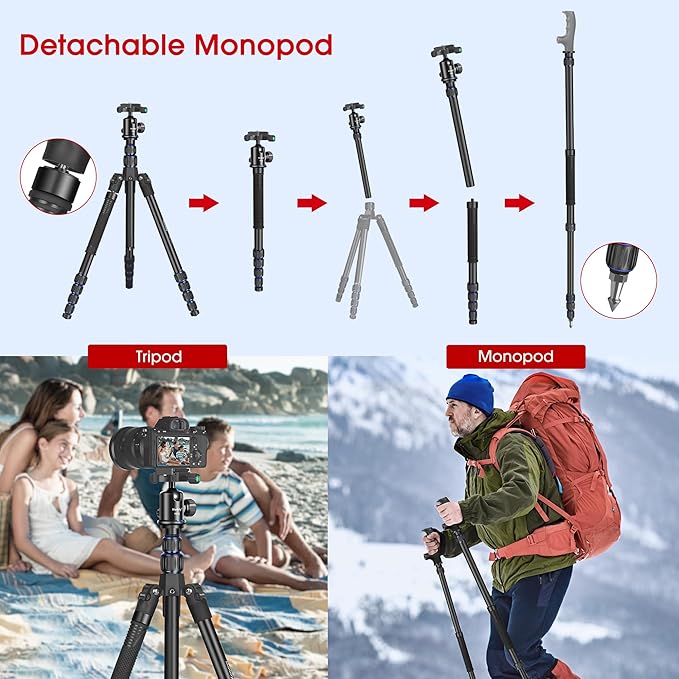 Camera Tripod, Manbily 74" Aluminum Travel Tripod Monopod Stand for Camera DSLR Phone, 360° Ball Head w Handle and Extra 1/4" QR Plate, Payload 17.6lbs, Compatible with Canon Nikon Sony