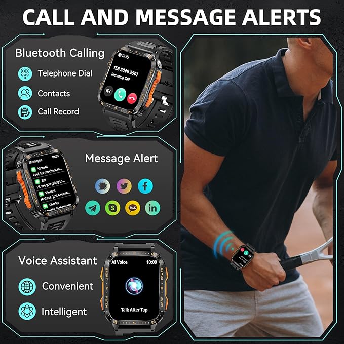 Military Smart Watches for Men (Make/Answer Call) with LED Flashlight 1.96" Screen 430mAh Fitness Tracker with Sport Modes Heart Rate Sleep Monitor Rugged Smartwatch for iPhone Android