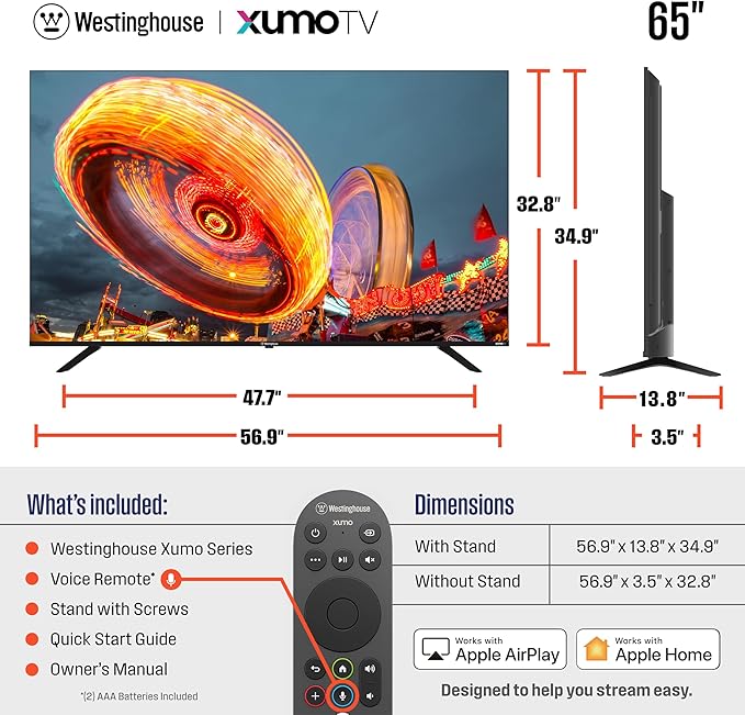 Westinghouse 65-inch Smart TV, 4K UHD Xumo TV w/ HDR10, Voice Remote, Dolby Vision, Edgeless, Flat Screen LED Television w/Apple HomeKit, Wi-Fi & Mobile Connectivity