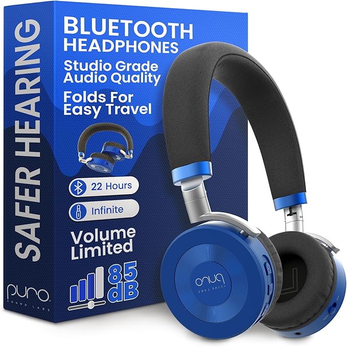 Puro Sound Labs JuniorJam Plus Volume-Limiting Wireless Bluetooth Headphones for Kids, Secure Audio with Adjustable On-Ear Design, 22-Hour Battery, Ideal for Tablets, Smartphones & PCs - Blue