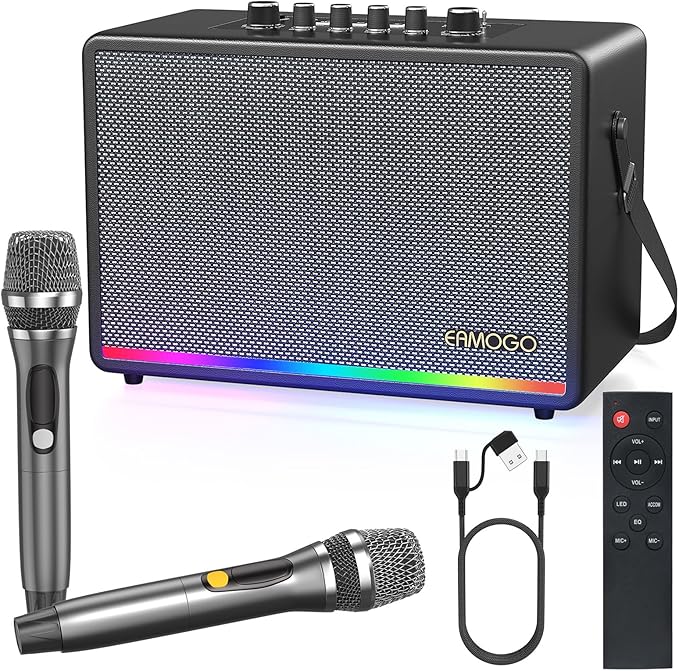 Portable Bluetooth Speaker with 2 Wireless Mics | 70W Peak Deep Bass Birchwood Cabinet | Bluetooth PA System for Outdoor Camping, Backyard| Dynamic LED Lights, USB/AUX/OTG, Rechargeable Battery(Black)