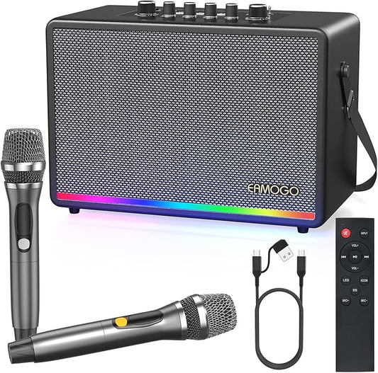 Portable Bluetooth Speaker with 2 Wireless Mics | 70W Peak Deep Bass Birchwood Cabinet | Bluetooth PA System for Outdoor Camping, Backyard| Dynamic LED Lights, USB/AUX/OTG, Rechargeable Battery(Black)