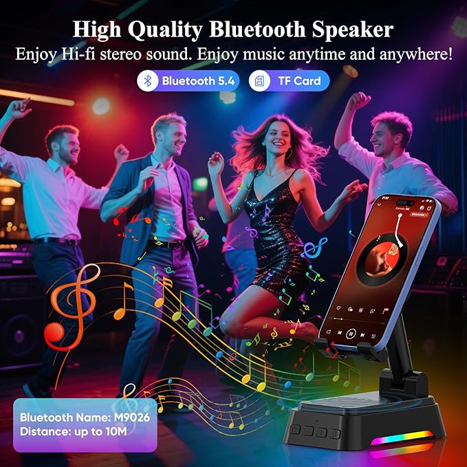 Gifts for Men Women, Cell Phone Stand with Bluetooth Speaker 5.4 and Light, Stereo Sound