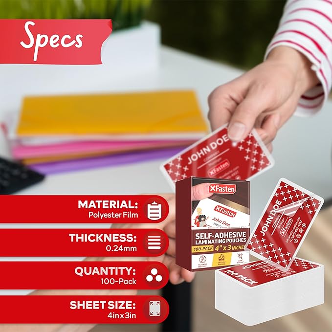 XFasten Self Seal Laminating Pouches Business Card Size 4-Inch x 3-Inch 100-Pack, 10 Mil Business Card Laminating Pouches Non-Yellowing Self Sealing Laminating Sheets Business Card Size